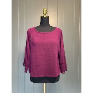 Anthropologie Saturday Sunday Cozy Burgundy Boho Crochet Waffle Knit Top M Mediu